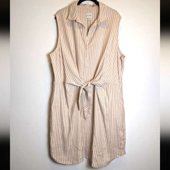 Nic+Zoe Linen Blend Tan Nude Striped Tie Waist Collared Sleeveless Dress Size XL - Picture 4 of 9
